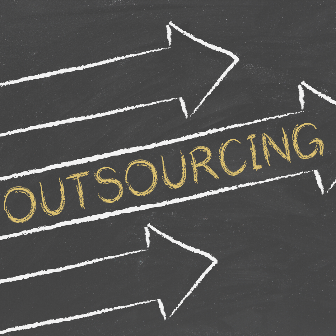 outsourcing written in yellow on white arrow with black background